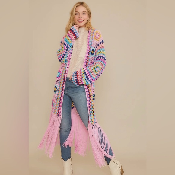 Sweet Generis S/M Pink Multi Crochet Fringe Cardigan Grannycore Cottagecore - Picture 1 of 3